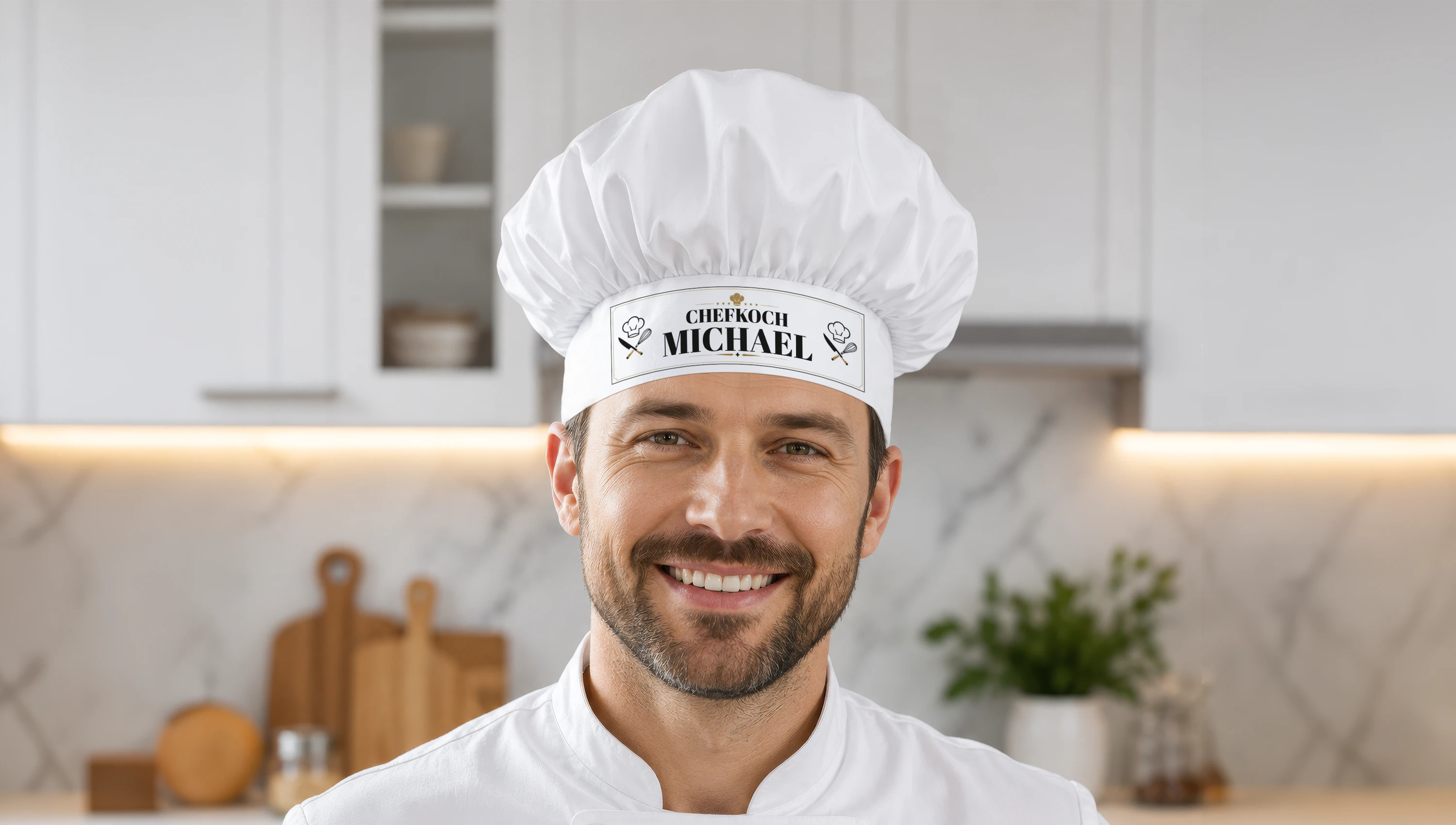 Kochmütze selbst gestalten: Foto, Name, Logo oder Spruch
